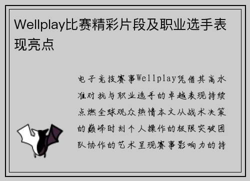 Wellplay比赛精彩片段及职业选手表现亮点